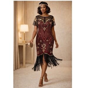 1920s Great Gatsby Flapper Dress XL Burgundy Gold Sequin Fringe Art Deco Party